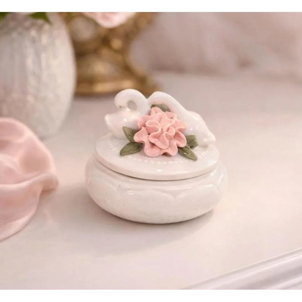 Vintage Ceramic Swan Trinket Box with Pink Rose | Romantic Jewelry Keepsake Box